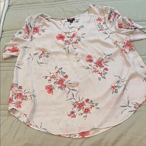 Floral Puff-Sleeve Blouse - Light Pink with Red Floral